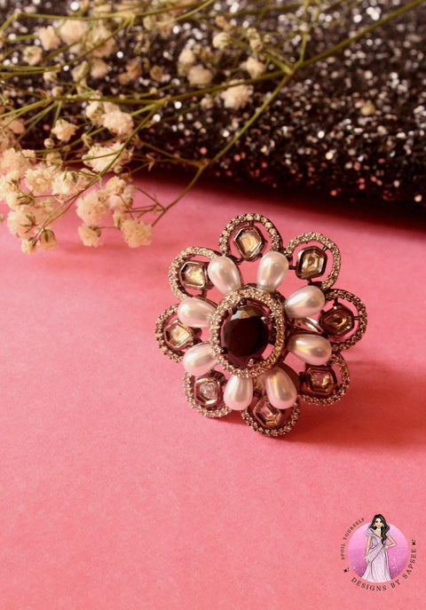 Dark Grey Stone with Pearls & Diamond Ring