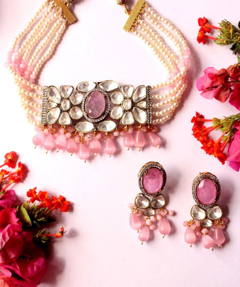 Beautiful Polki set with Pearls string - Baby Pink Stone