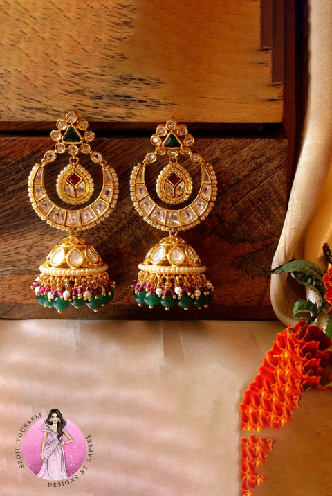 Traditional Kundan Jhumka with Pink & Green Drops