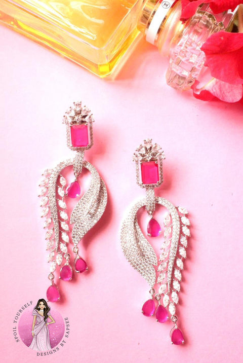 Long Sparkling Earrings with Ruby and Diamonds