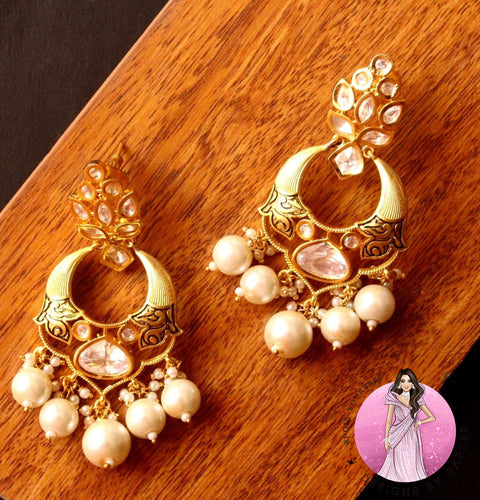 Gold Kundan Earrings with Pearl Drops