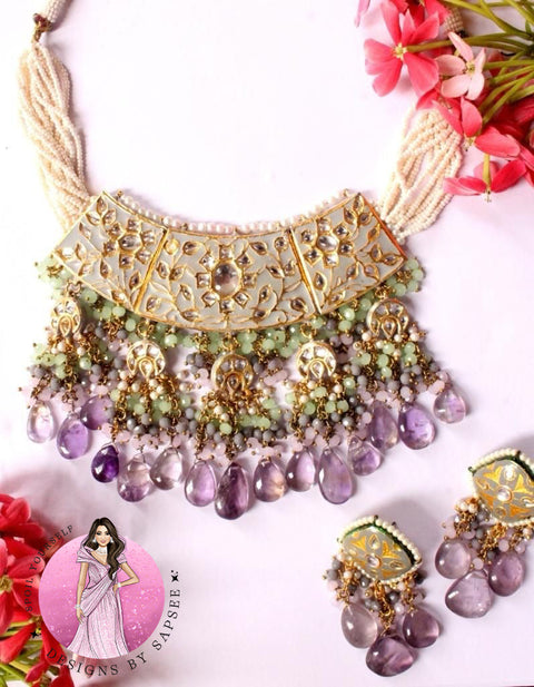 Handcrafted Necklace set with Green & Lilac