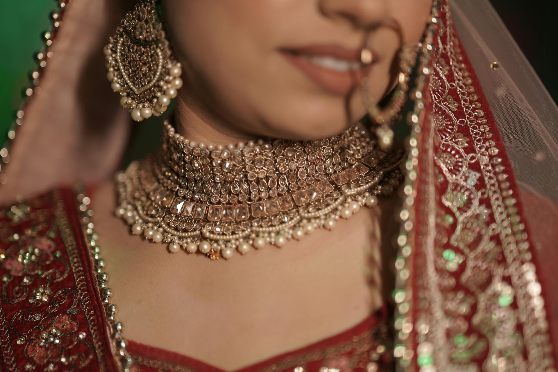 Bride wearing ornate traditional Indian wedding jewellery with kundan necklace