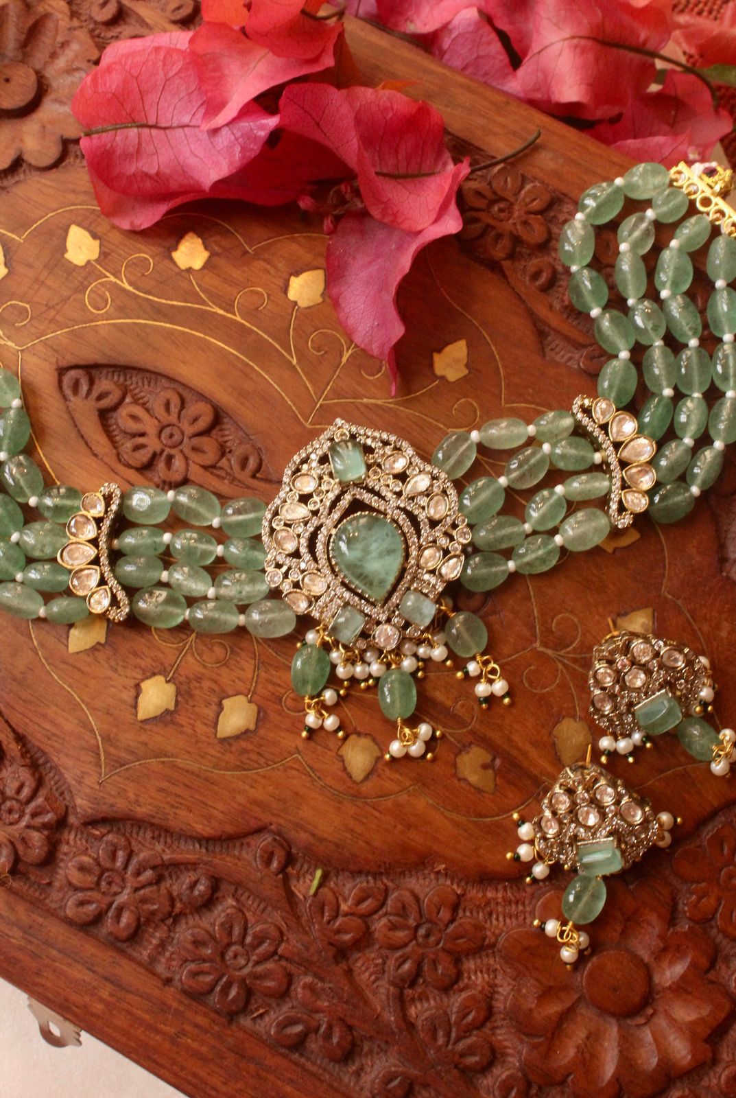 Beautiful Mint Green Stones with Polki Choker Set - Premium Indian jewellery